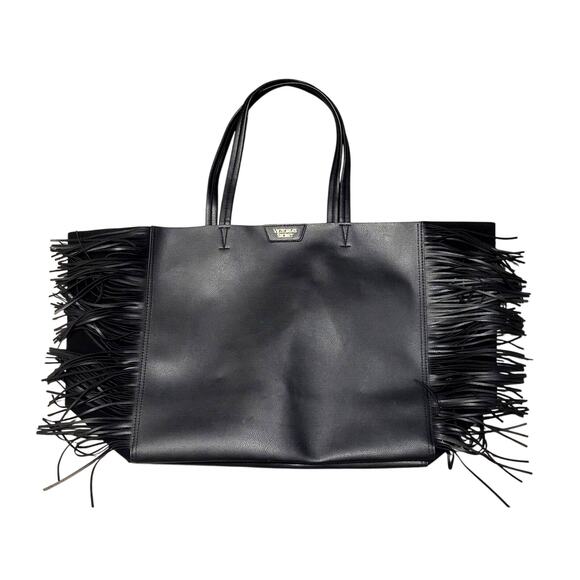 VICTORIAS SECRET Black Fringed Pebbled Vegan Leather Tote 15x13x7" - Picture 1 of 6